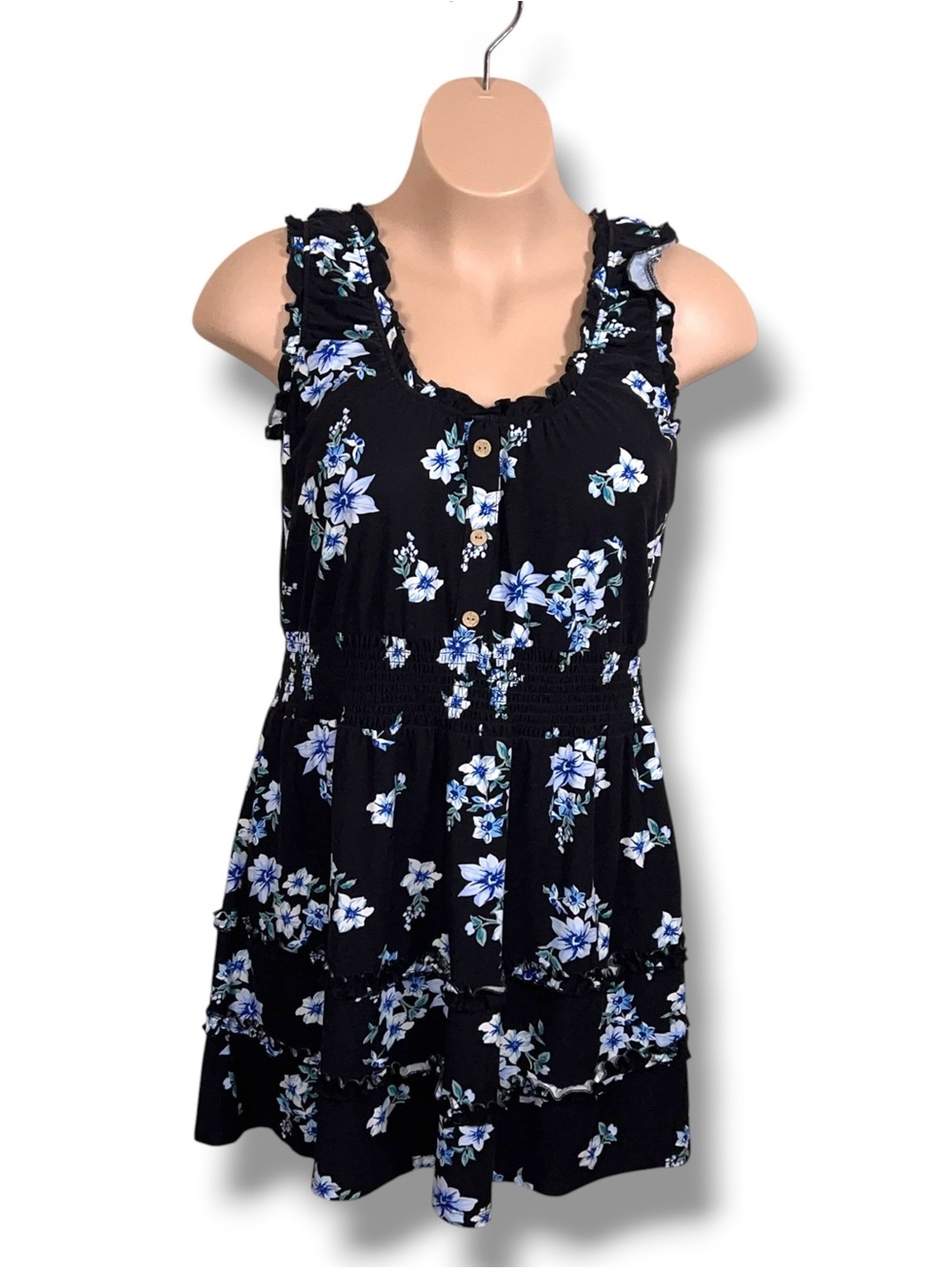 Juniors Size 19 Black Blue Floral Print Dress Stretch Ruffle Accents Sleeveless
